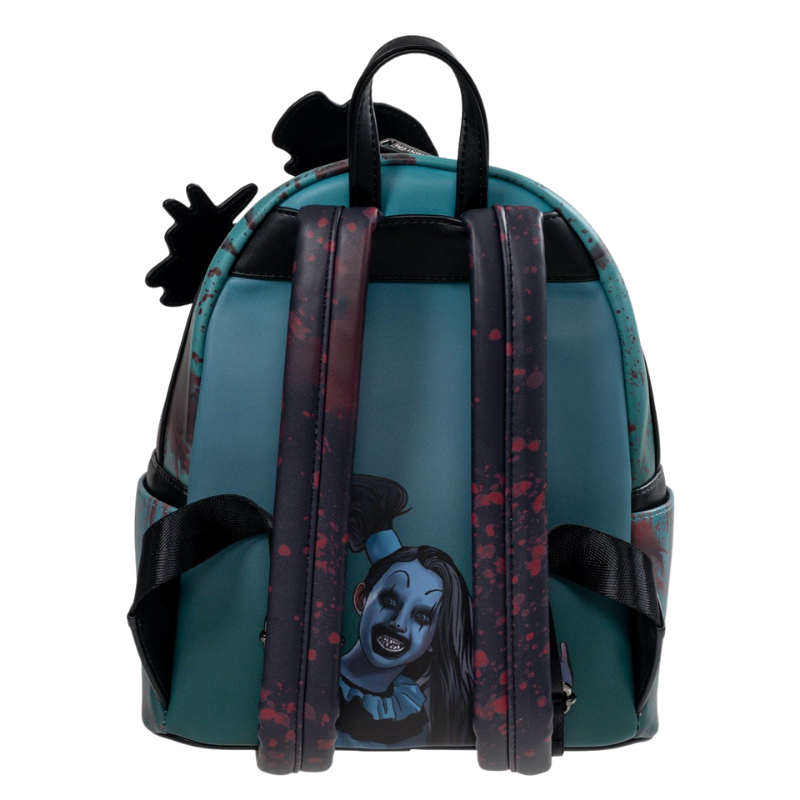 Loungefly Terrifier Art the Clown Blood Splatter Glow-in-the-Dark Mini-Backpack Entertainment Earth Exclusive back panel with Little Pale Girl artwork
