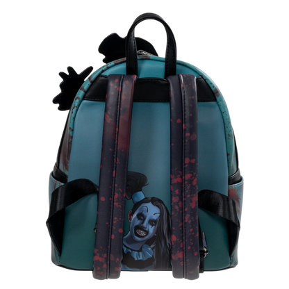 Loungefly Terrifier Art the Clown Blood Splatter Glow-in-the-Dark Mini-Backpack Entertainment Earth Exclusive back panel with Little Pale Girl artwork
