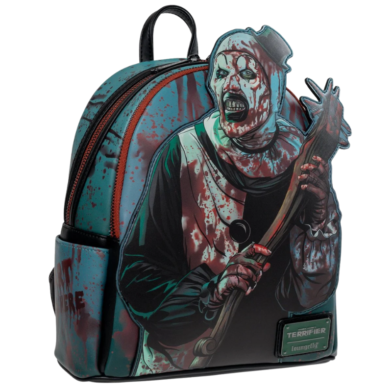Loungefly Terrifier Art the Clown Blood Splatter Glow-in-the-Dark Mini-Backpack Entertainment Earth Exclusive angled front view
