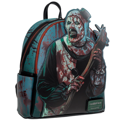 Loungefly Terrifier Art the Clown Blood Splatter Glow-in-the-Dark Mini-Backpack Entertainment Earth Exclusive angled front view
