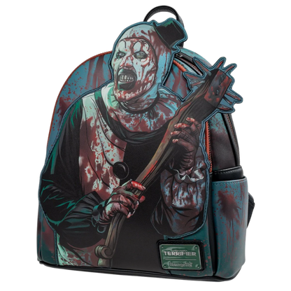Loungefly Terrifier Art the Clown Blood Splatter Glow-in-the-Dark Mini-Backpack Entertainment Earth Exclusive detailed front view
