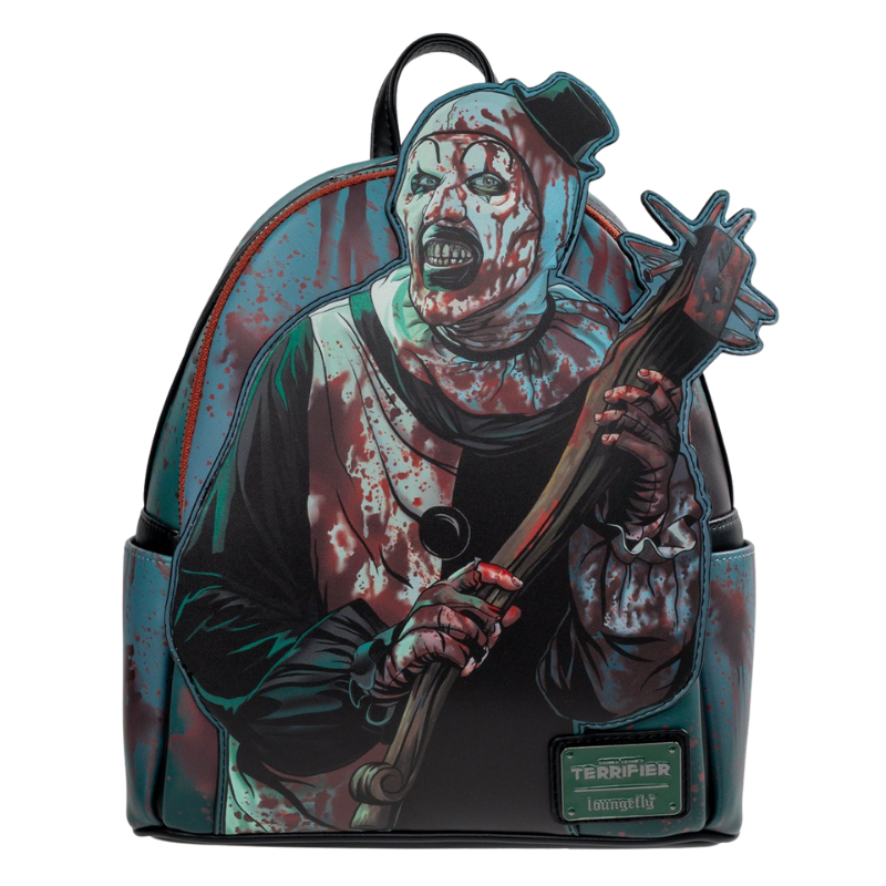 Loungefly Terrifier Art the Clown Blood Splatter Glow-in-the-Dark Mini-Backpack Entertainment Earth Exclusive front view with applique detail
