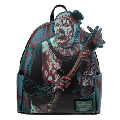 Loungefly Terrifier Art the Clown Blood Splatter Glow-in-the-Dark Mini-Backpack Entertainment Earth Exclusive front view with applique detail
