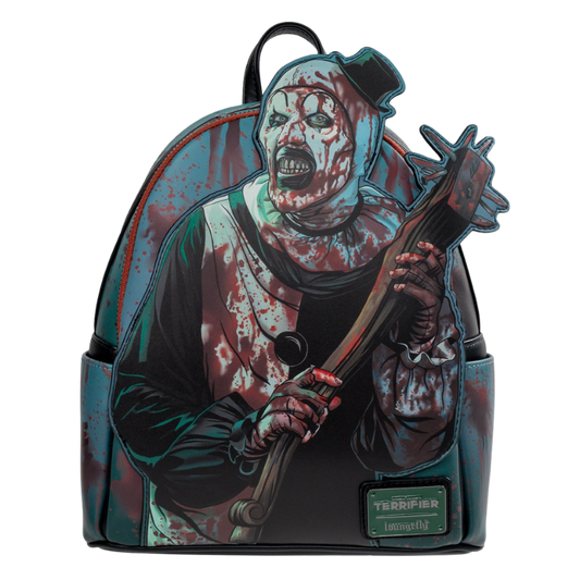 Loungefly Terrifier Art the Clown Blood Splatter Glow-in-the-Dark Mini-Backpack Entertainment Earth Exclusive front view with applique detail
