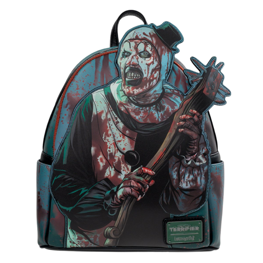 Loungefly Terrifier Art the Clown Blood Splatter Glow-in-the-Dark Mini-Backpack Entertainment Earth Exclusive front view with applique detail
