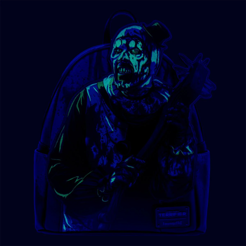 Loungefly Terrifier Art the Clown Blood Splatter Glow-in-the-Dark Mini-Backpack Entertainment Earth Exclusive glow-in-the-dark feature view
