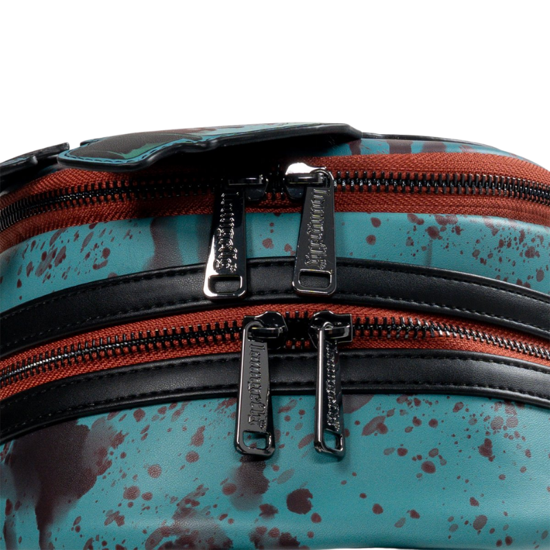 Loungefly Terrifier Art the Clown Blood Splatter Glow-in-the-Dark Mini-Backpack Entertainment Earth Exclusive zipper and hardware detail
