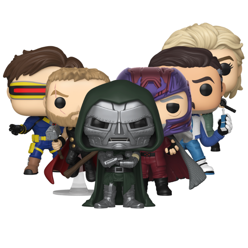 Marvel Avengers Doomsday Funko Pop! set with Doctor Doom Thor Yelena Belova Mister Fantastic Magneto and Cyclops stock photo out-of-box
