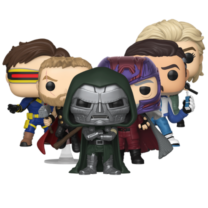 Marvel Avengers Doomsday Funko Pop! set with Doctor Doom Thor Yelena Belova Mister Fantastic Magneto and Cyclops stock photo out-of-box