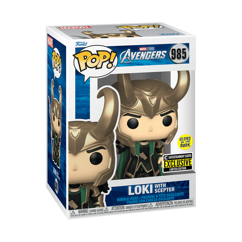 Marvel Avengers Loki with Scepter Entertainment Earth Exclusive Glow in the Dark Funko Pop Packaging