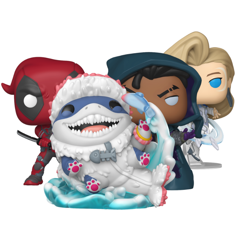 Marvel Rivals Funko Pop! set stock photo out-of-box featuring Incognito Dolphin Jeff, Cloak, Dagger, and Deadpool