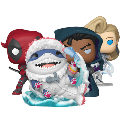 Marvel Rivals Funko Pop! set stock photo out-of-box featuring Incognito Dolphin Jeff, Cloak, Dagger, and Deadpool