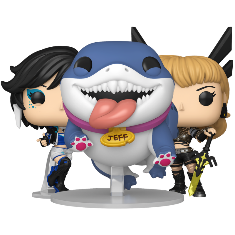 Marvel Rivals Funko Pop set with Jeff the Land Shark #1140, Magik #1142, and Luna Snow #1141 figures out of box