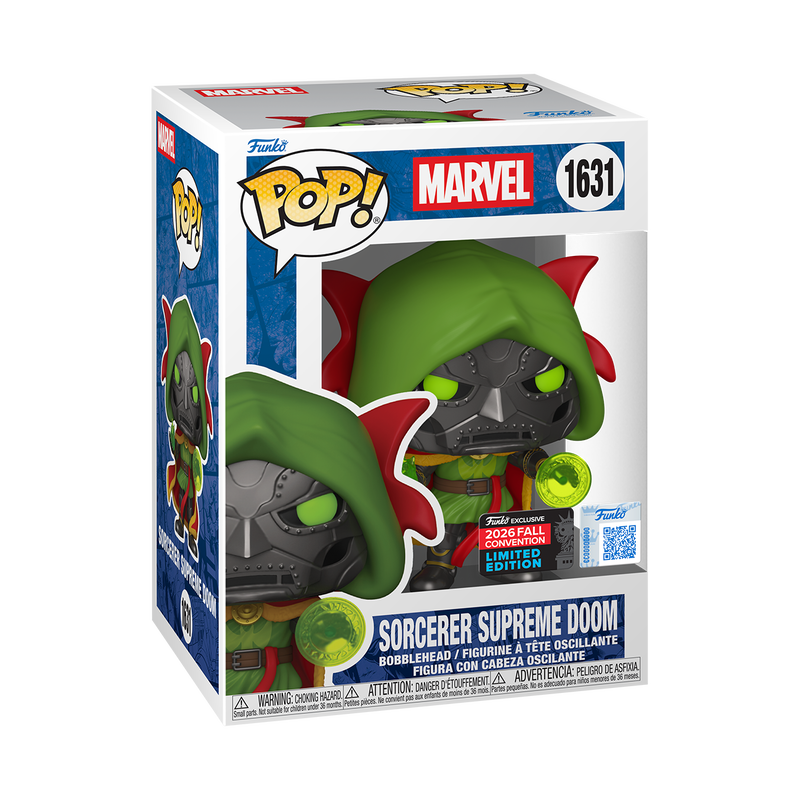Stock photo of Marvel Funko Pop! Sorcerer Supreme Doom #1631 Fall Convention 2026 shared-sticker edition in box.