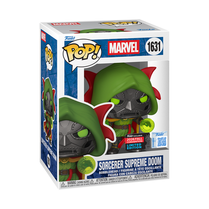 Stock photo of Marvel Funko Pop! Sorcerer Supreme Doom #1631 Fall Convention 2026 shared-sticker edition in box.