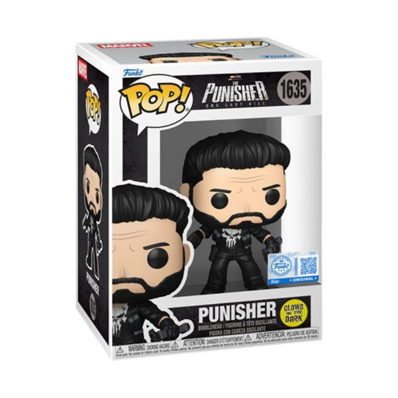 Punisher Funko Pop! #1635 EE Exclusive Glow stock photo in-box from Marvel The Punisher One Last Kill