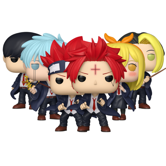 Mashle Funko Pop! set stock photo out-of-box Lance Crown 2187 Mash Burnhead 2183 Dot Barrett 2185 Common and Chase Finn Ames 2184 and Lemon Irvine 2186
