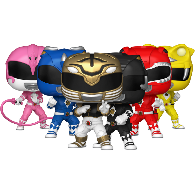 Mighty Morphin Power Rangers The Movie Funko Pop! collection bundle featuring the Black, Blue, Pink, Red, White, and Yellow Rangers stock photo out-of-box