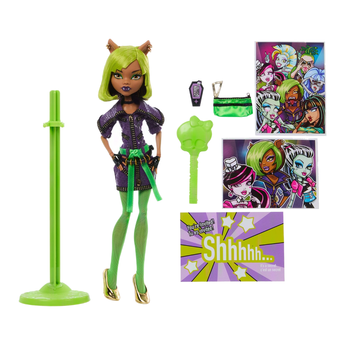 Clawdeen Wolf Dawn of the Dance Creeproduction Doll stock photo with accessories, iCoffin, invitation and doll stand from Monster High
