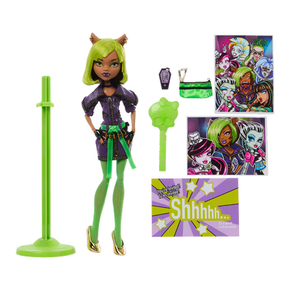 Clawdeen Wolf Dawn of the Dance Creeproduction Doll stock photo with accessories, iCoffin, invitation and doll stand from Monster High
