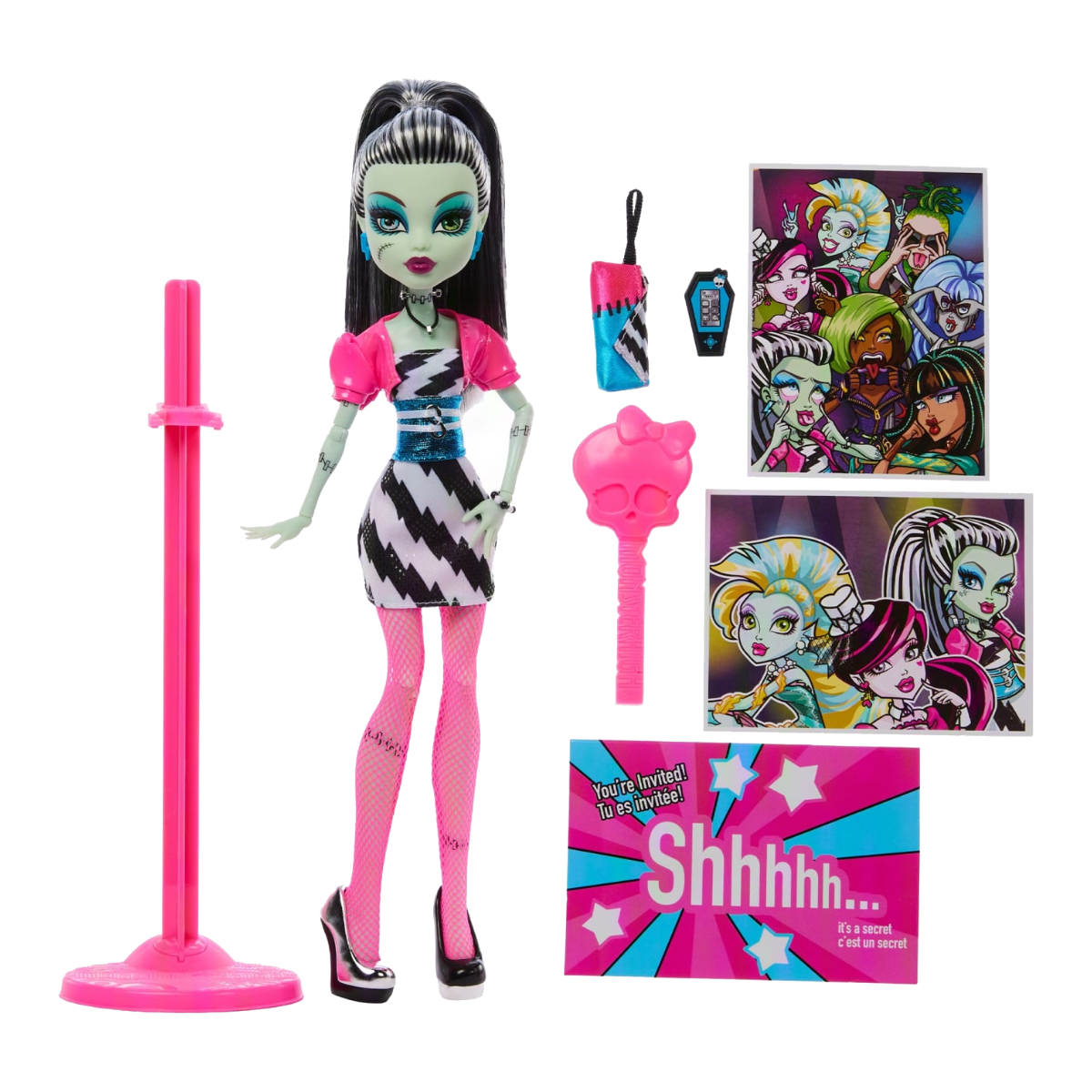 Frankie Stein Dawn of the Dance Creeproduction Doll stock photo with accessories, iCoffin, invitation and doll stand from Monster High