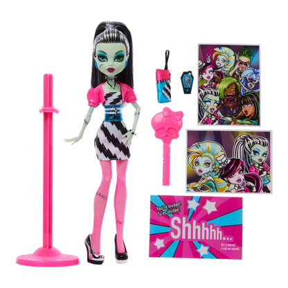 Frankie Stein Dawn of the Dance Creeproduction Doll stock photo with accessories, iCoffin, invitation and doll stand from Monster High
