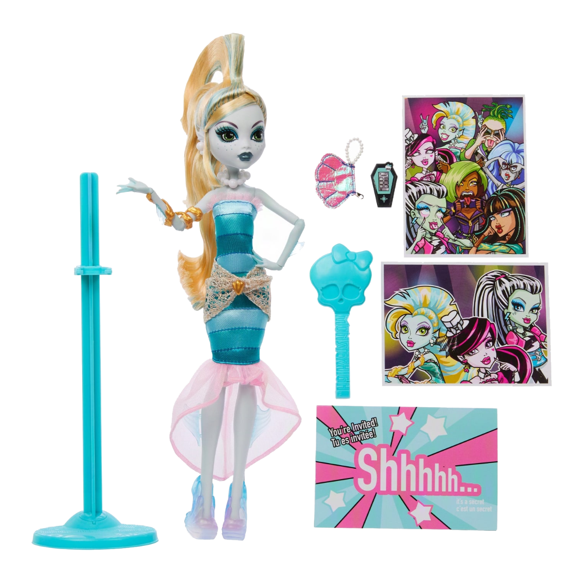Lagoona Blue Dawn of the Dance Creeproduction Doll stock photo with accessories, iCoffin, invitation and doll stand from Monster High