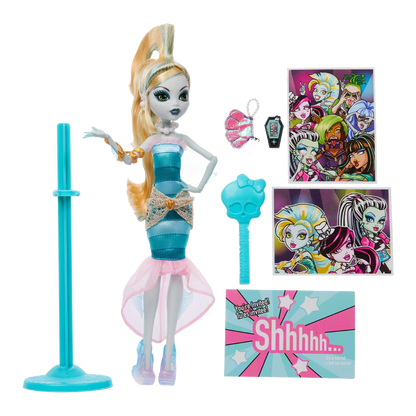 Lagoona Blue Dawn of the Dance Creeproduction Doll stock photo with accessories, iCoffin, invitation and doll stand from Monster High