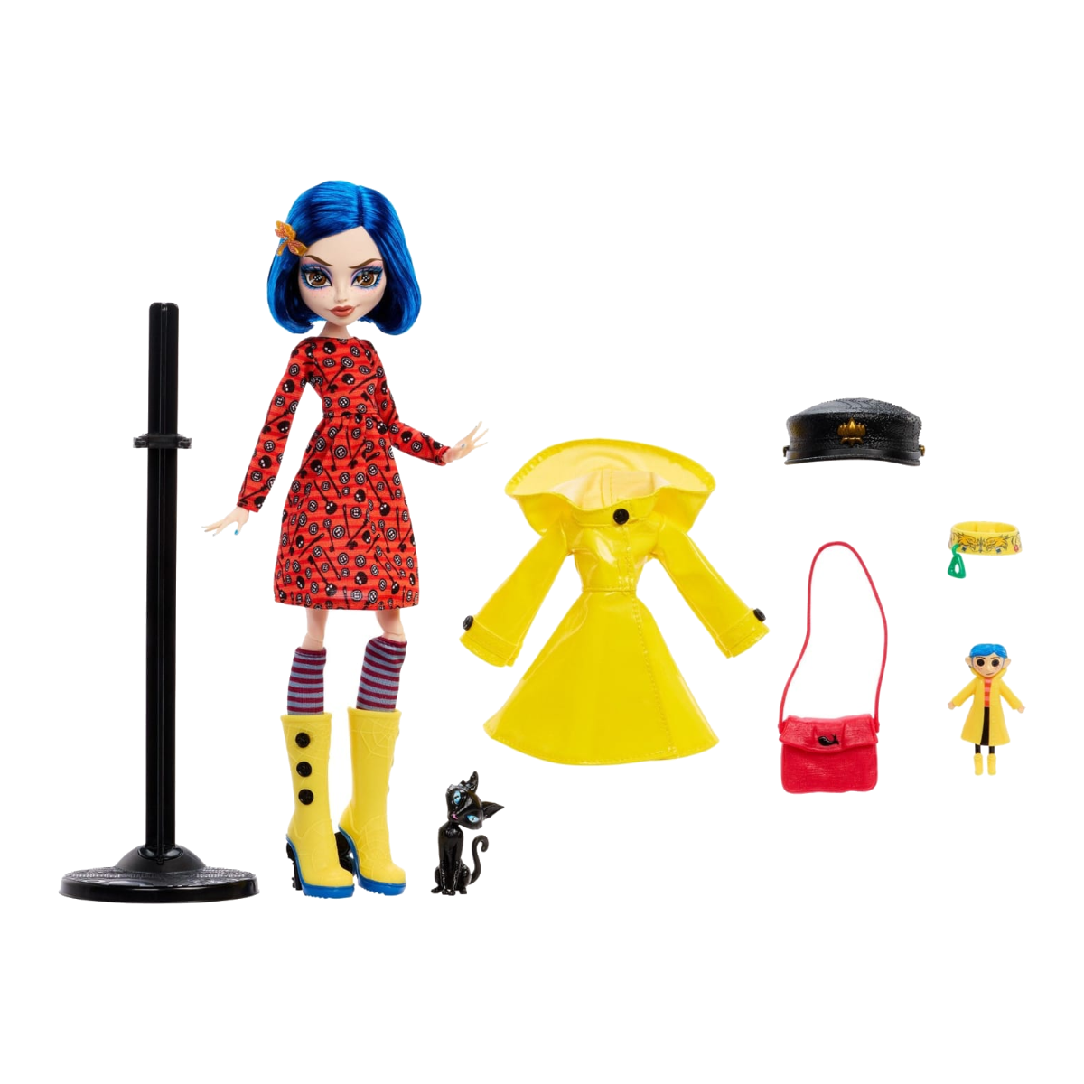 Coraline Skullector x LAIKA Doll stock photo with accessories, rag doll, cat, satchel and doll stand from Monster High