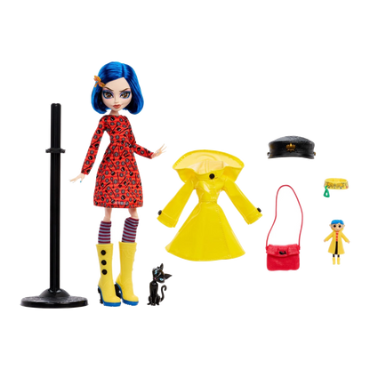 Coraline Skullector x LAIKA Doll stock photo with accessories, rag doll, cat, satchel and doll stand from Monster High