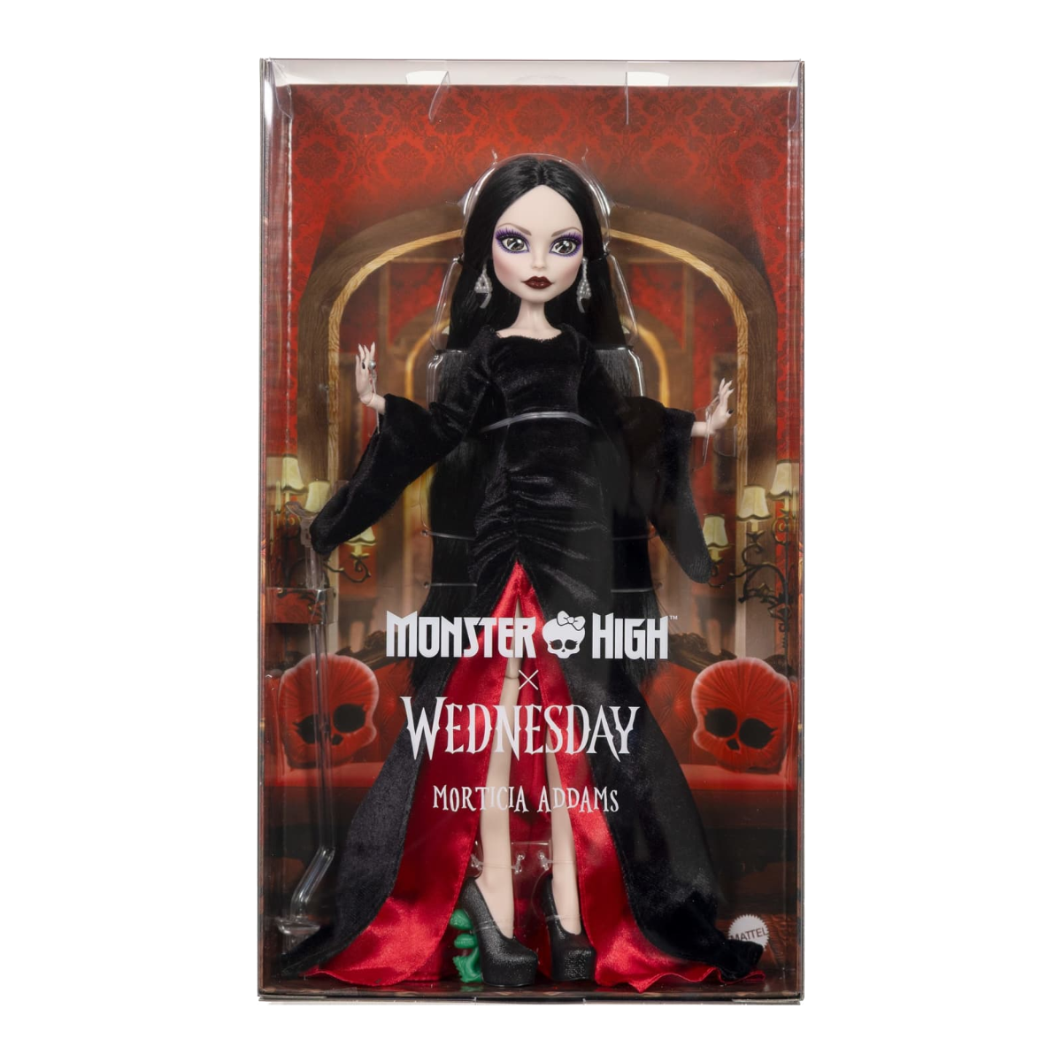 Morticia Addams Monster High x Wednesday Doll stock photo in-box window packaging