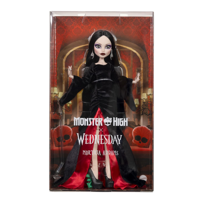 Morticia Addams Monster High x Wednesday Doll stock photo in-box window packaging