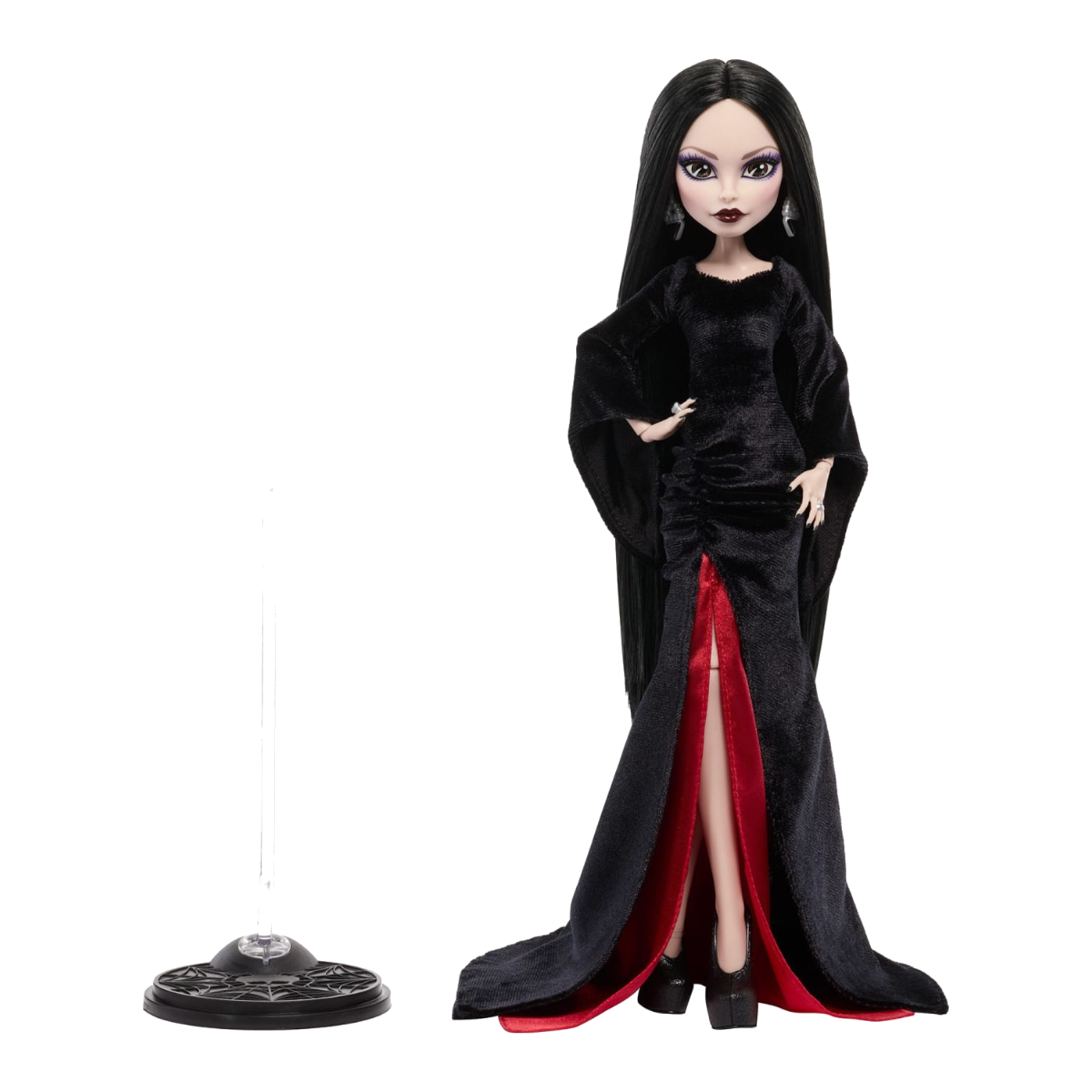 Morticia Addams Monster High x Wednesday Doll stock photo with doll stand