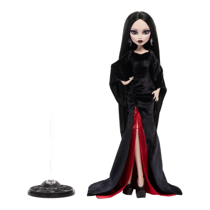 Morticia Addams Monster High x Wednesday Doll stock photo with doll stand