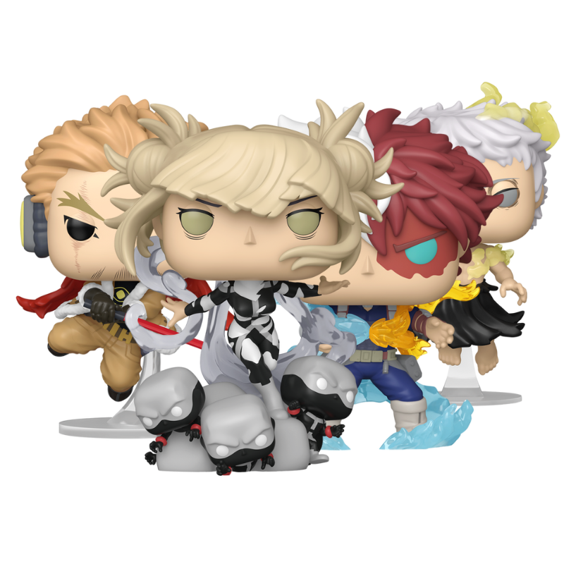 My Hero Academia Funko Pop set with Shoto Todoroki #2158, Himiko Toga #2159, All For One (Quirk) #2161, and Hawks (Fierce Wings Quirk) #2162 figures out of box