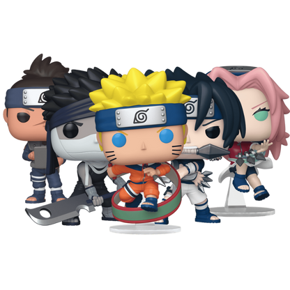 Naruto Funko Pop! collection bundle featuring Naruto Uzumaki, Sakura Haruno, Sasuke Uchiha, Iruka Umino, and Zabuza Momochi stock photo out-of-box