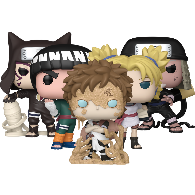 Naruto Funko Pop! set stock photo out-of-box Gaara Sand Armor 2230 Rock Lee 2227 Kankuro 2229 Temari with Tessen 2228 and Hiruzen Sarutobi 2226
