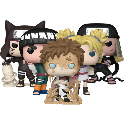 Naruto Funko Pop! set stock photo out-of-box Gaara Sand Armor 2230 Rock Lee 2227 Kankuro 2229 Temari with Tessen 2228 and Hiruzen Sarutobi 2226
