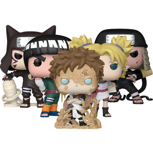 Naruto Funko Pop! set stock photo out-of-box Gaara Sand Armor 2230 Rock Lee 2227 Kankuro 2229 Temari with Tessen 2228 and Hiruzen Sarutobi 2226
