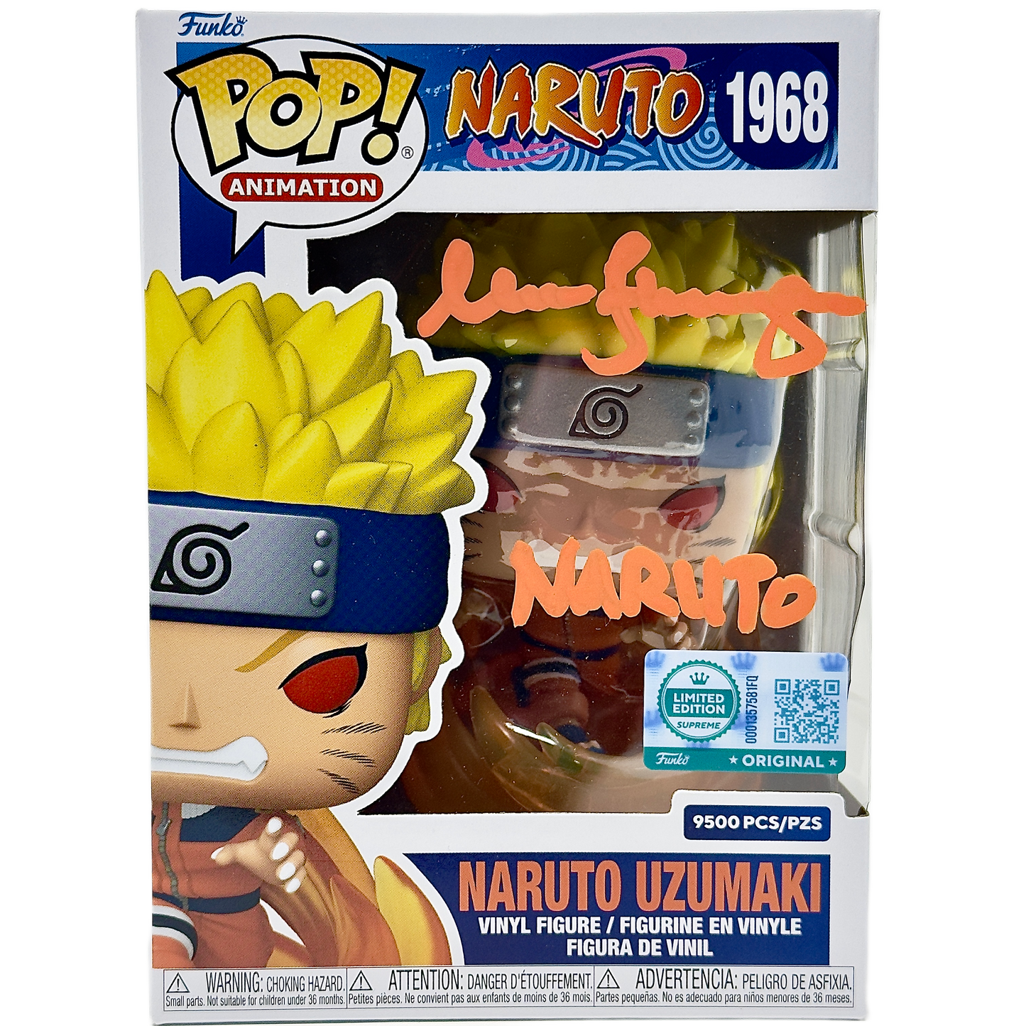 Naruto Uzumaki Funko Pop! #1968 Supreme Limited Edition 9,500 PCS signed by Maile Flanagan front in-box photo