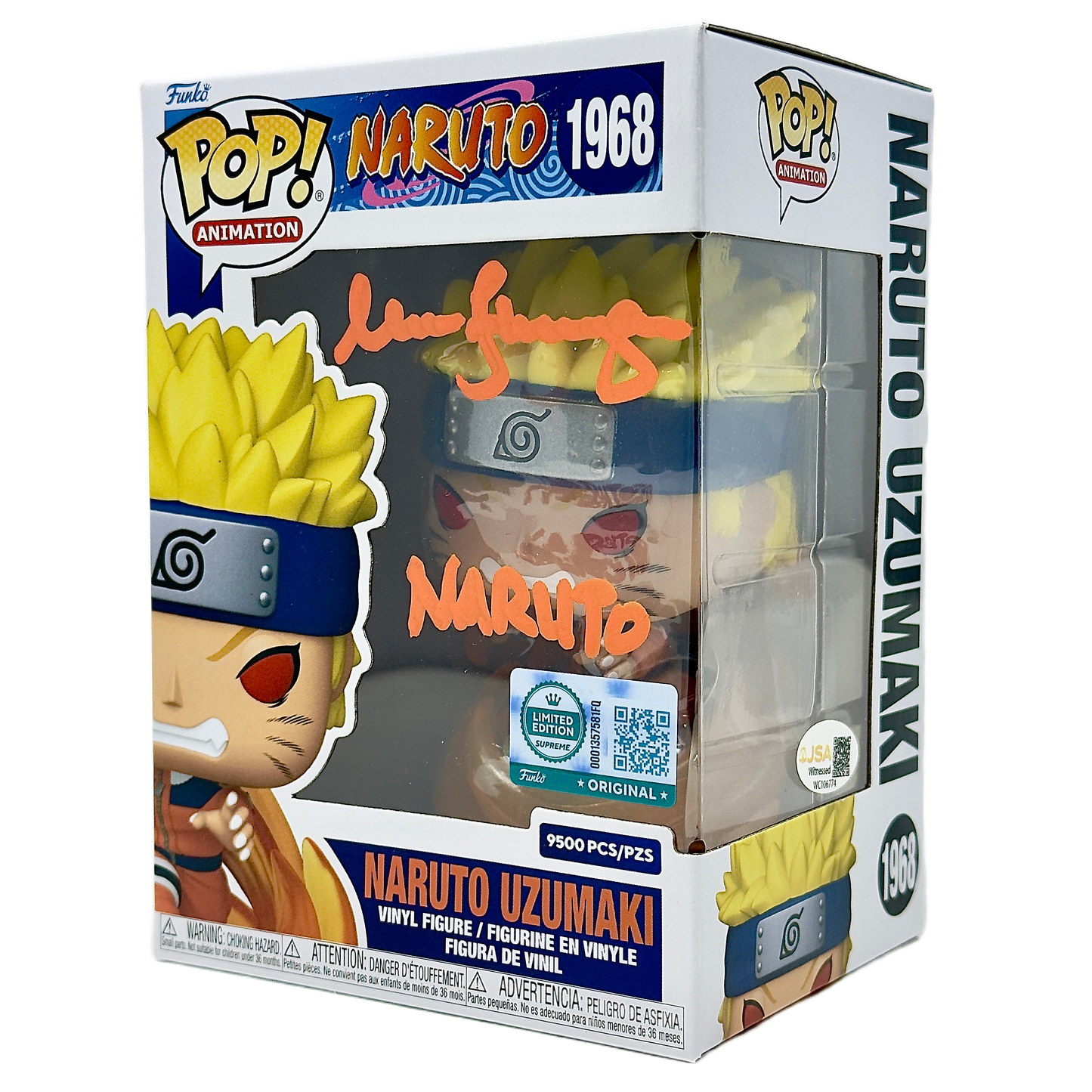 Front right angle in-box photo of Naruto Uzumaki Funko Pop! #1968 signed by Maile Flanagan showing the autograph, Supreme Limited Edition sticker, and box depth