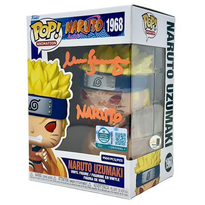 Front right angle in-box photo of Naruto Uzumaki Funko Pop! #1968 signed by Maile Flanagan showing the autograph, Supreme Limited Edition sticker, and box depth