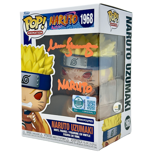 Front right angle in-box photo of Naruto Uzumaki Funko Pop! #1968 signed by Maile Flanagan showing the autograph, Supreme Limited Edition sticker, and box depth