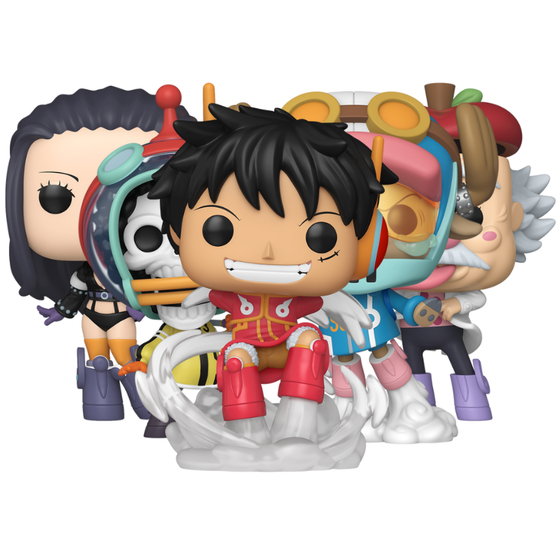 One Piece Egghead Arc Funko Pop set with Luffy #2138, Nico Robin #2137, Vegapunk #2139, Brook #2147, and Tony Tony Chopper #2148 figures out of box