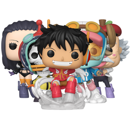 One Piece Egghead Arc Funko Pop set with Luffy #2138, Nico Robin #2137, Vegapunk #2139, Brook #2147, and Tony Tony Chopper #2148 figures out of box