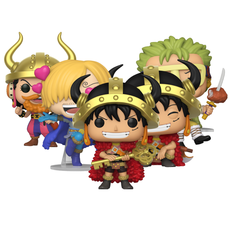 Funko Pop! One Piece Elbaf Arc Set with Sanji, Usopp, Zoro, Luffy and Luffy Chase stock photo out-of-box