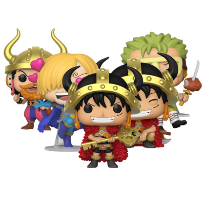 Funko Pop! One Piece Elbaf Arc Set with Sanji, Usopp, Zoro, Luffy and Luffy Chase stock photo out-of-box