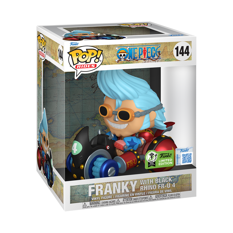 Franky with Black Rhino FR-U 4 Funko Pop! #144 Emerald City Comic Con Official Convention Sticker stock photo in-box from One Piece