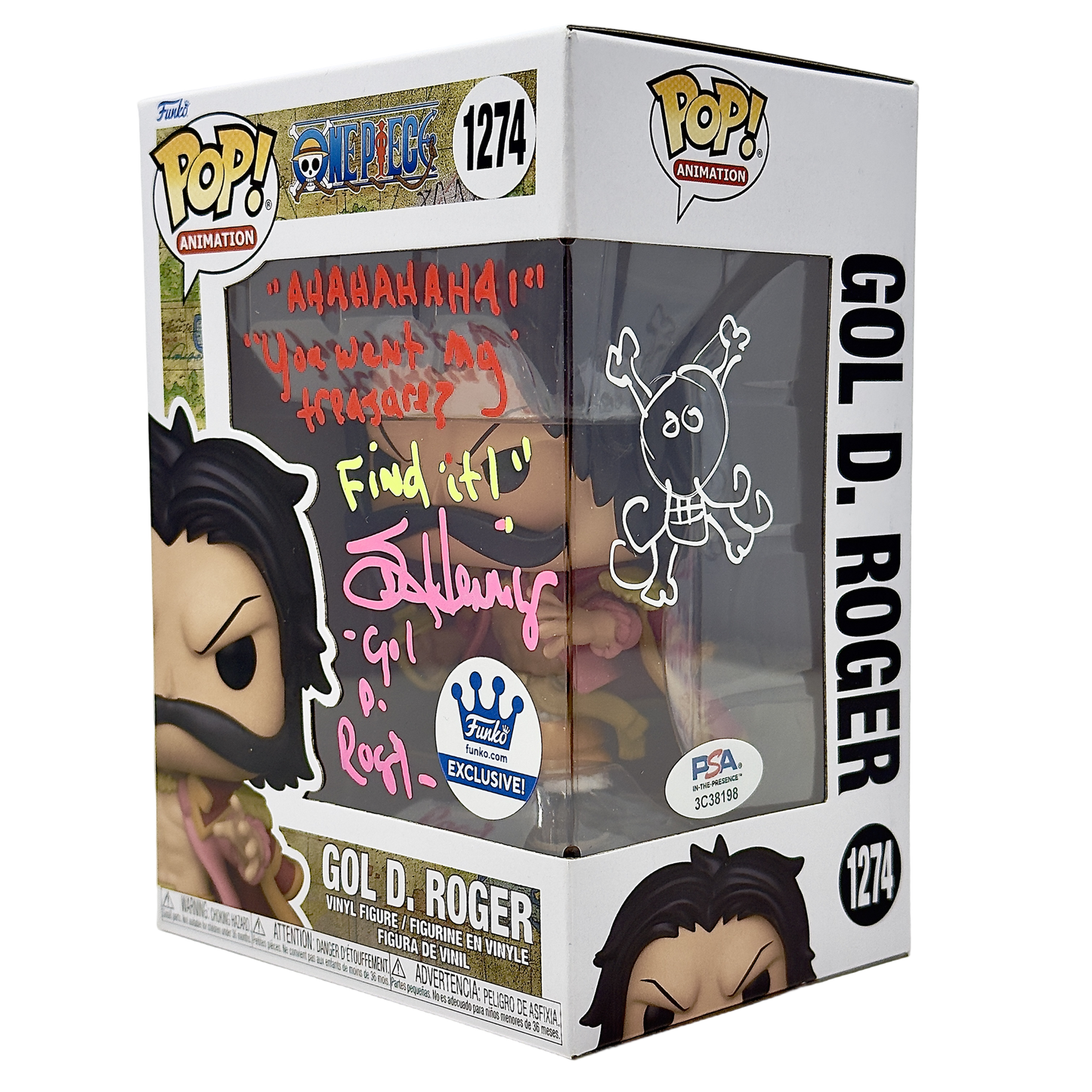 Front right angle in-box photo of Gold D. Roger Funko Pop! #1274 signed by Sean Hennigan showing the autograph, Funko Exclusive sticker, and box depth