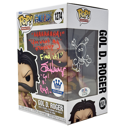 Front right angle in-box photo of Gold D. Roger Funko Pop! #1274 signed by Sean Hennigan showing the autograph, Funko Exclusive sticker, and box depth